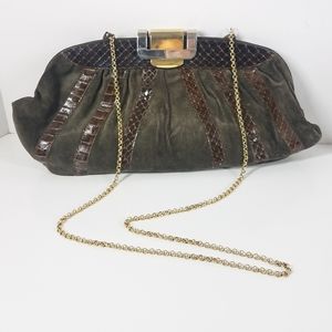 Vintage Dark Moss Green Suede Brown Snakeskin Purse